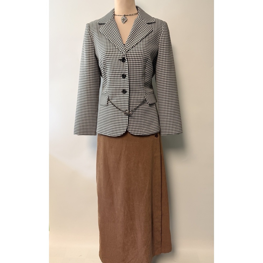 Vintage Womens Houndstooth Blazer Jacket Equestrian Chain Accent Officewear 10 P